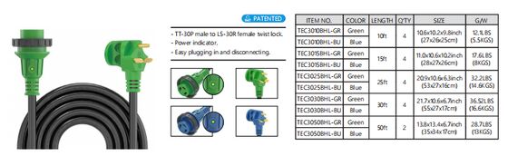 30A 125V RV Extension Cord With 10/3 AWG STW And ETL Approval For Reliable Power Connection