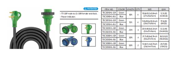 30A 125V RV Extension Cord With 10/3 AWG STW And ETL Approval For Reliable Power Connection