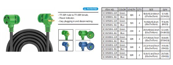 30A 125V RV Power Extension Cord with Pure Copper Conductors and Weather-Resistant PVC/EPDM Rubber for Reliable Shore Power